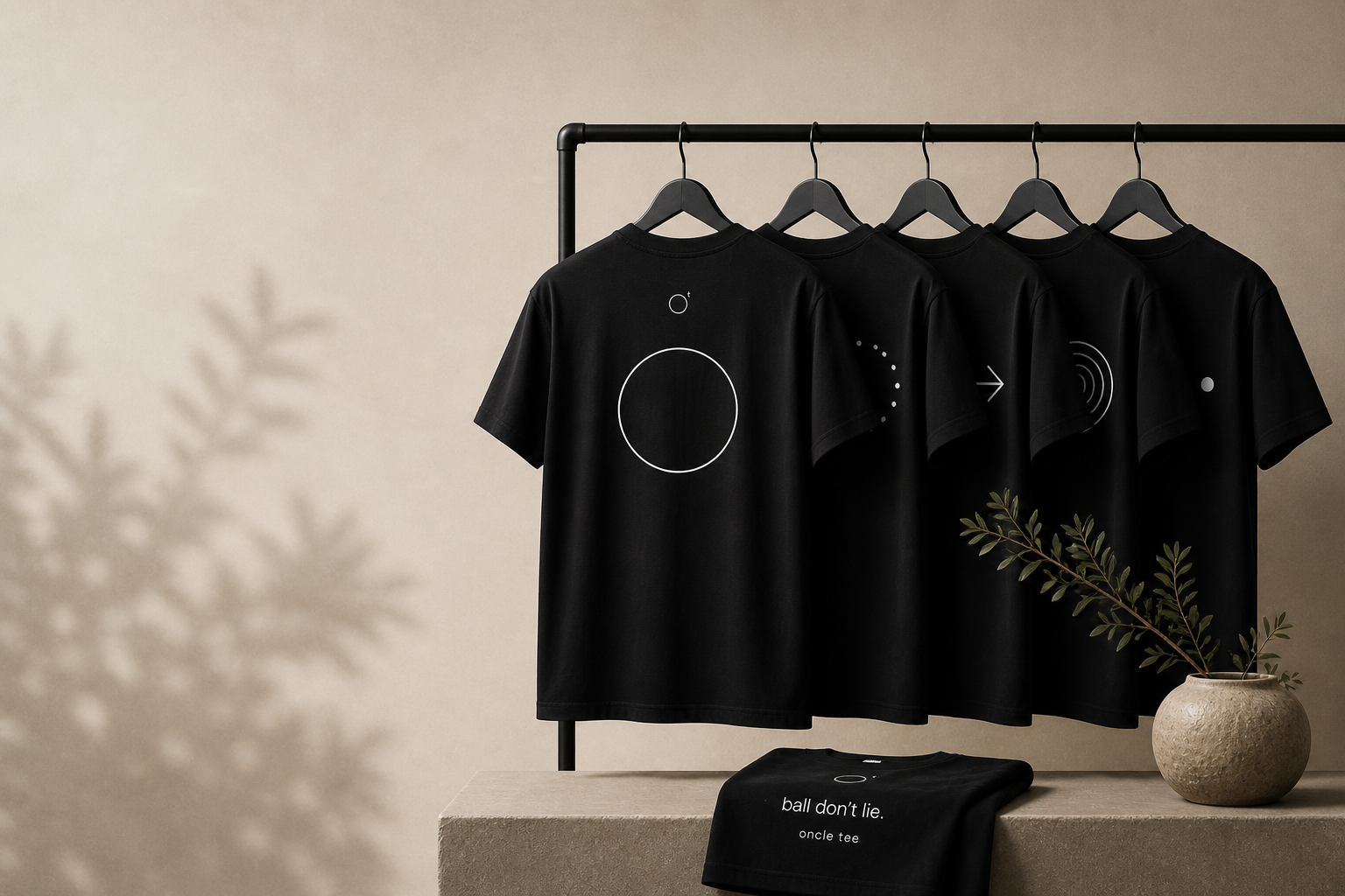 oncle tee collection on a rack — five black tees with minimal symbols and phrases